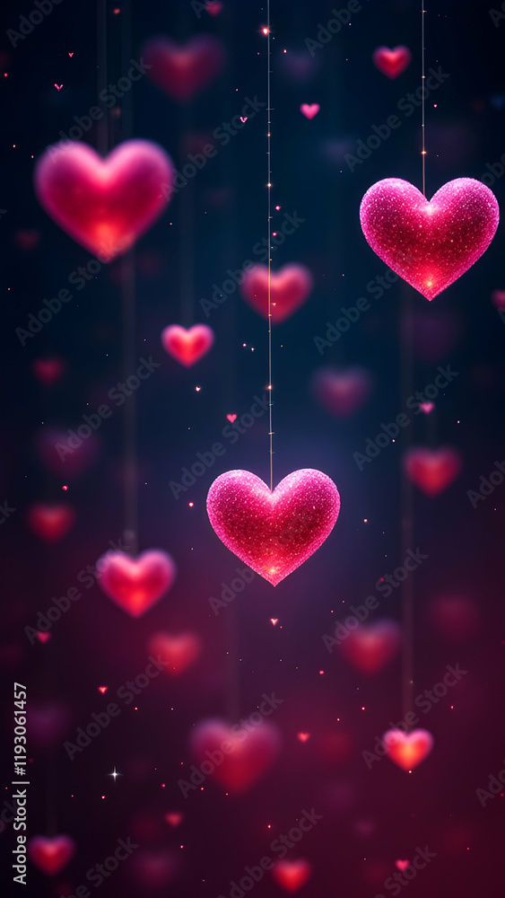 Poster many sparkling pink hearts hang on strings against a dark purplish background. blurred hearts create