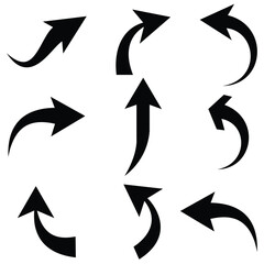 Arrow icon, vector set. Black silhouette arrow icon set. Download icon set. Curved arrow set. Vector illustration.