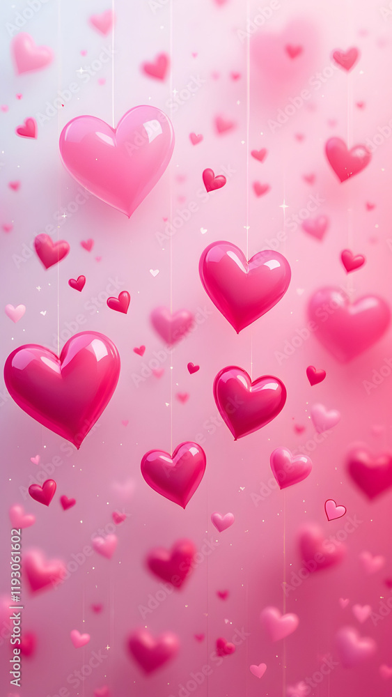 Poster numerous shiny pink hearts of varying sizes float and dangle against a soft pink backdrop, creating 