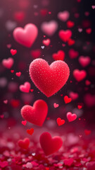 Numerous red and pink hearts of varying sizes softly fall against a dark background.  The focus is on several larger, textured hearts in the center, creating a romantic, Valentines Day atmosphere.