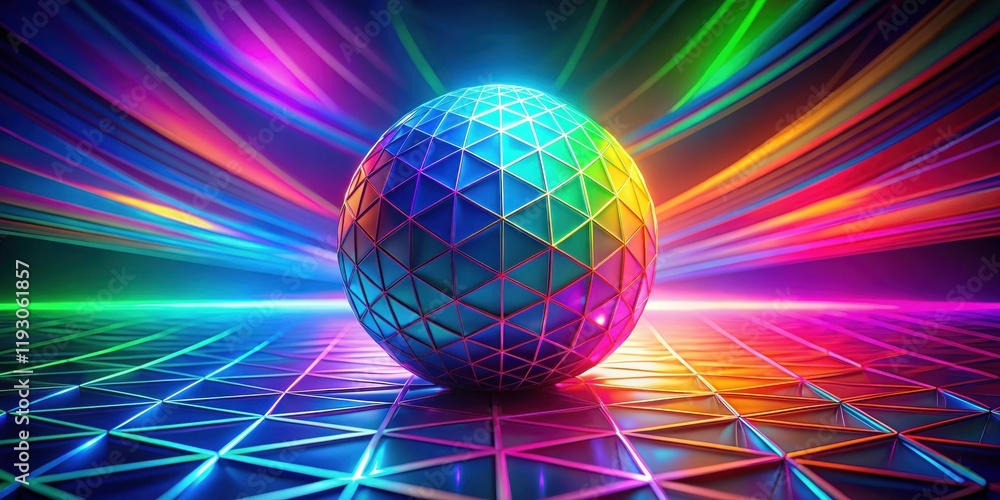 Poster abstract iridescent sphere on a vibrant geometric surface