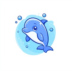 Cute cartoon dolphin swimming in ocean, children's book illustration