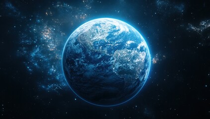 Stunning View of Earth from Space with Vibrant Blue Oceans and Lush Green Landmasses Surrounded by a Starry Universe in an Expansive Cosmic Scene