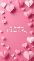 Pink background with many sizes of pink paper hearts scattered, centered text 2025 Celebrate Valentines Day.