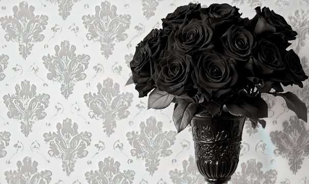 Black roses in vintage vase against ornate wallpaper, ideal for gothic or dark themes.