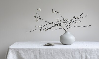 Blooming branches in white vase on linen-covered table against minimalist background, ideal for home decor.