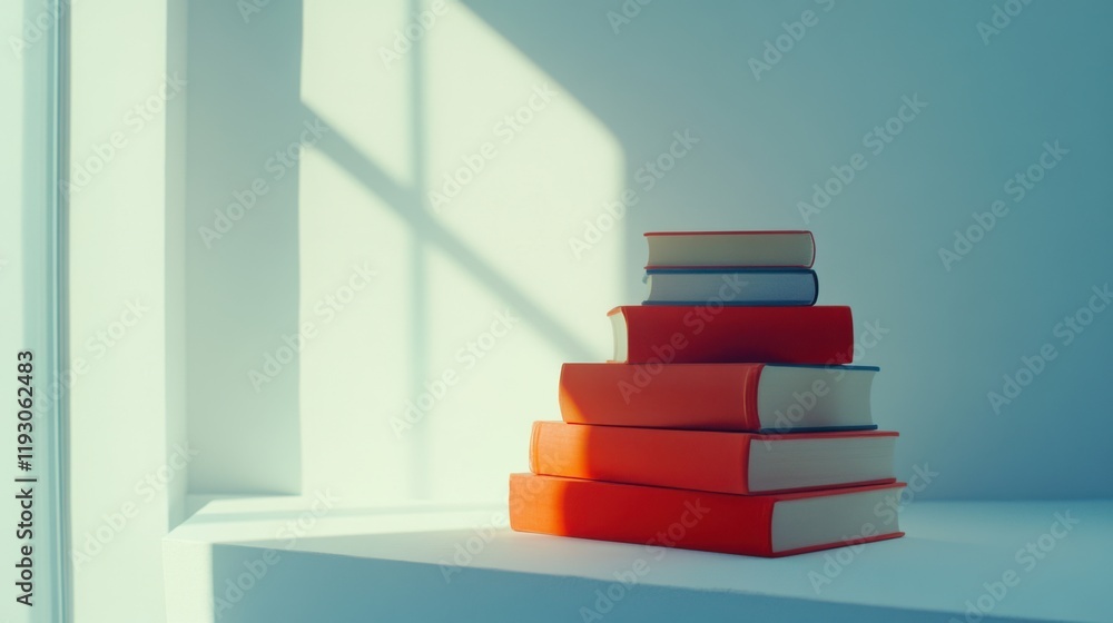 Poster stacked colorful books on a bright windowsill with soft natural light casting shadows in a minimalis