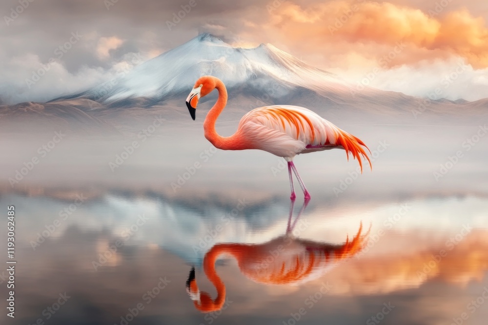 Poster a minimalist depiction of a single flamingo standing on the reflective uyuni flats, represented by s
