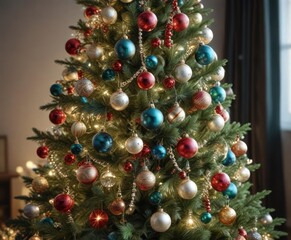 A Decorated Christmas Tree with Glass Balls and Beaded Garlands, holiday charm, reflective ornaments, festive accents