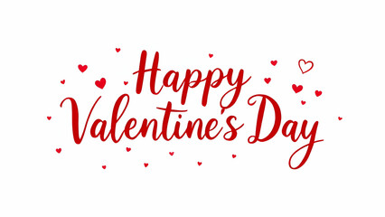 A red Happy Valentines Day calligraphy text with small red hearts scattered around it on a white background.  A simple, romantic design perfect for Valentines Day cards or social media.
