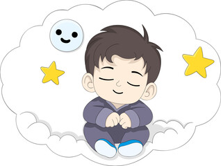 Cartoon Illustration of a Child Dreaming Surrounded by Stars and Imagination