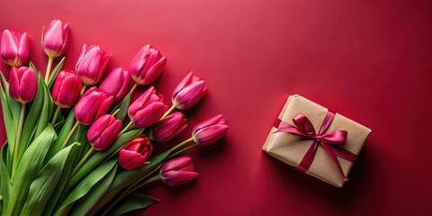 Fototapeta premium A bouquet of vibrant pink tulips rests beside a beautifully wrapped gift, creating a romantic and celebratory scene on a rich crimson background.