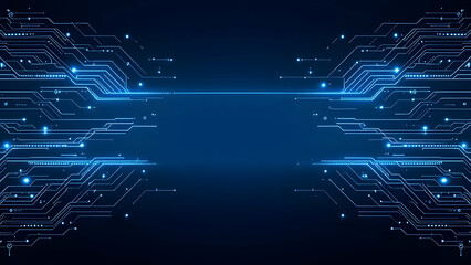Fototapeta premium Glowing blue lines form an abstract circuit board pattern on a dark background, suggesting technological innovation and digital connectivity. A central empty space allows for text or logo placement.