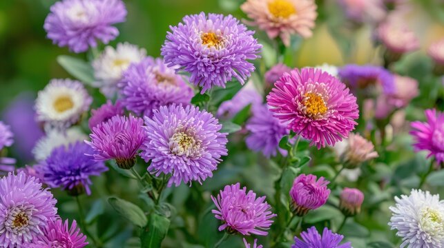 A field of aster flowers in full bloom during the summer, with colorful petals standing out against a bright sky.