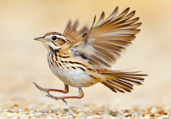 Fototapeta premium A Balfour lark takes flight with its elegant wings spread wide, showcasing its striking plumage. This moment captures the essence of freedom and beauty in nature.