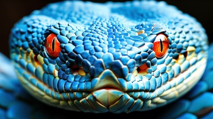 Obraz premium Vibrant close up of a blue snake with striking eyes, showcasing intricate textures and colors in wildlife context