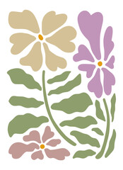 Flowers framed art print hand drawn leaves shapes matisse style, naive art, contemporary background. Chamomile, sun flowers vector illustration