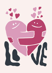 Two people in heart shape hugging. Love hand drawn infantile style. Organic doodle shapes matisse style, naive art, contemporary backgrounds. Fall in love vector illustration	