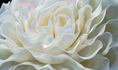 Close-up of white sculpted flower, iridescent petals, abstract background, ideal for art prints.
