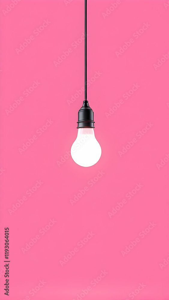 Poster A single, illuminated lightbulb hangs from a black cord against a vibrant pink background.  The minimalist composition emphasizes simplicity and the idea of a bright idea.