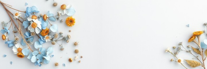 Obraz premium A collection of dried flowers and leaves in various shades of pale blue against a light grey backdrop, rustic charm, floral arrangement