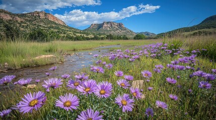 Obraz premium A field of Mexican aster flowers, their purple blooms standing out against the rustic landscape.