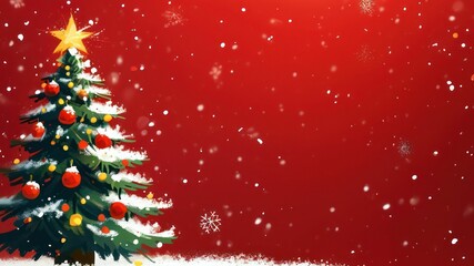 Festive Christmas tree with decorations and snowflakes against a red background, perfect for holiday celebrations and seasonal events