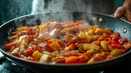 Vibrant stir-fry cooking in a hot pan, delicious and healthy meal preparation