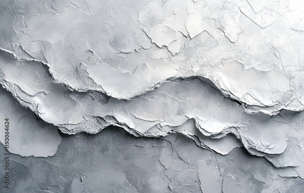 Poster textured layers of white and grey paint with abstract design, showcasing smooth and rough patterns i