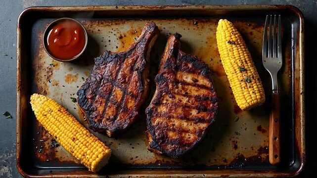 Chuletas de cerdo a la parrilla con ma&iacute;z asado y salsa barbacoa