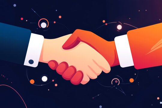 A flat design of a handshake icon surrounded by glowing rings, emphasizing trust and value exchange