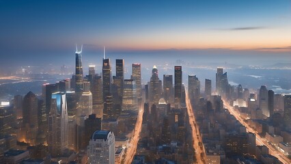 An aerial view of a hazy downtown cityscape at dusk, highlighting contemporary buildings and the metropolitan environment, lighted by city lights