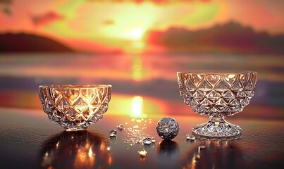 Crystal bowls and diamonds on reflective surface at sunset beach.