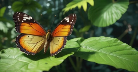 Fototapeta premium A colorful butterfly perched on a large green leaf, green leaves, idyllic scenery