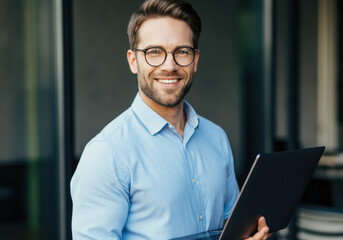 Happy Businessman Holding Laptop