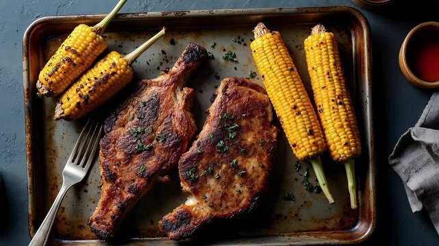 Chuletas de cerdo a la parrilla con mazorcas de ma&iacute;z asado