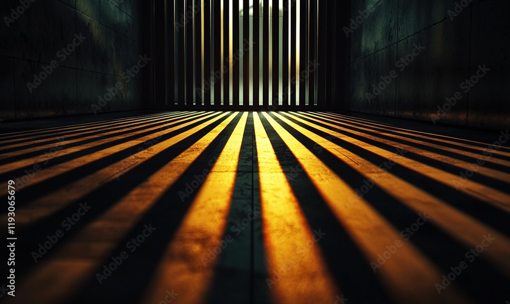 Poster dark room with vertical bars casting shadows on tiled floor.