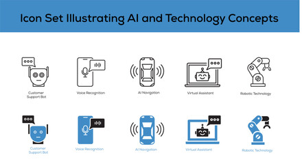 Icon Set Illustrating AI and Technology Concepts – Advanced AI Tools for Communication, Navigation, and Automation