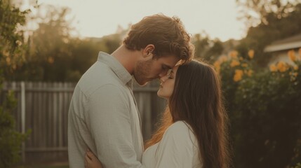 Fototapeta premium Couple embracing at sunset in backyard.