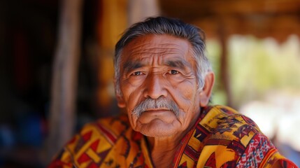 Obraz premium Portrait of Indigenous old man look at camera with thick mustache salt-and-pepper hair in his wood house