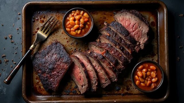 Brisket ahumado con frijoles en bandeja r&uacute;stica