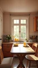 Obraz premium A cozy kitchen with a sunny window showcases a warm and inviting breakfast scene, home decor, wooden table