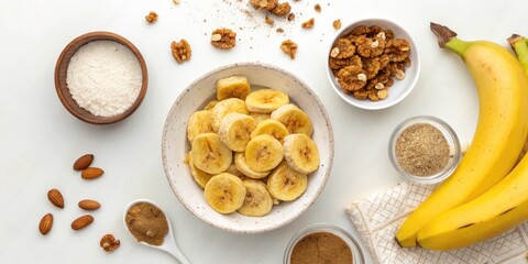 Fototapeta premium A flat lay of fried bananas with other ingredients, fruit arrangement, baked banana chips
