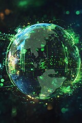 Fototapeta premium Planet earth rotating and showing connections with futuristic green digital lines and dots