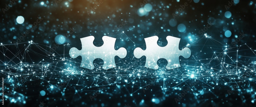 Poster two interlocking puzzle pieces against a futuristic background with vibrant lights and abstract conn