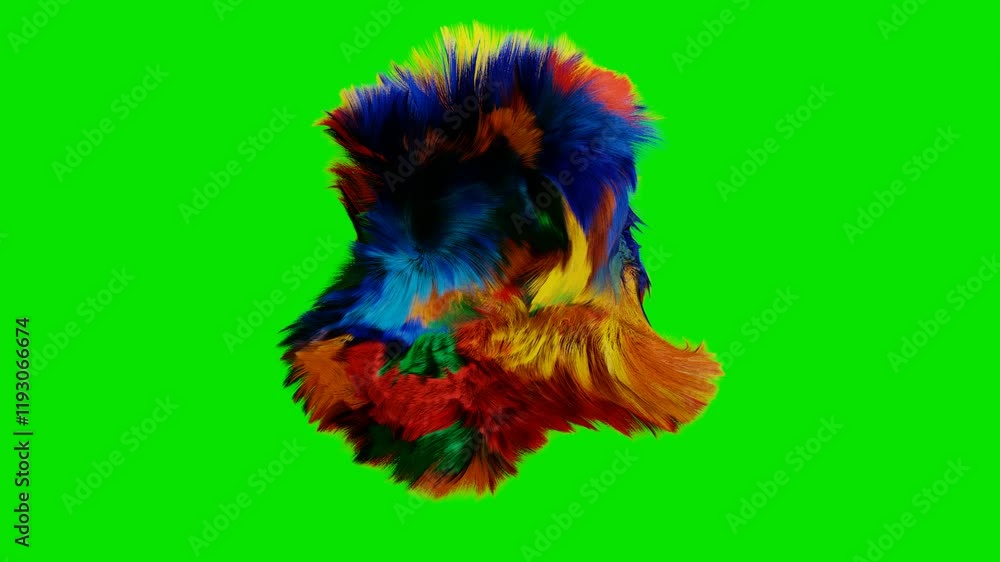 Poster abstract multicolored wool figure with chaotically moving hair on a green background. 3d render loop
