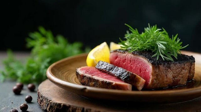 Filete a la parrilla con costra de especias y guarnici&oacute;n de hierbas