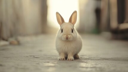 Cute fluffy bunny rabbit sitting outdoors on a concrete surface.