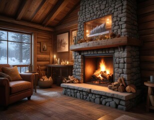 A crackling fireplace in a cozy cabin on a snowy winter evening, rustic decor, wooden furniture