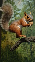 Squirrel Holding Nut While Perched on Tree Branch in Lush Forest Environment